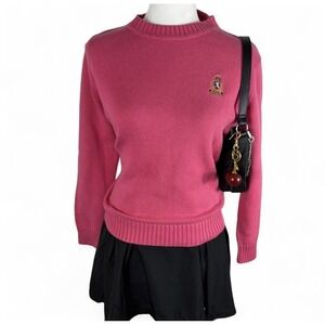 Tess Designs Pink Tight-Knit Pullover Sweater Embroidered Logo Crew Neck Women
